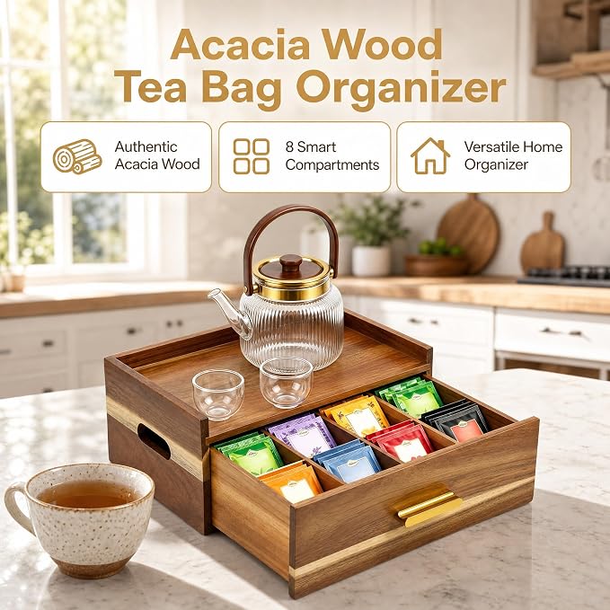 Acacia Wood Tea Bag Organizer 8 Compartment Storage Box & Organizer with Drawer Tea Bag Holder Container Chest,Coffee Station Sugar Packet Display for Countertop, Pantry, Office Cabinet - Image 6
