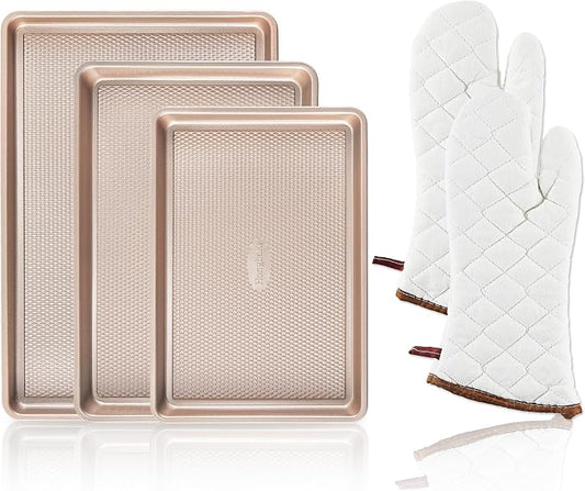 3 Pack Gold Nonstick Baking Sheet Pan Set with Oven Mitts Heat Resistant, Non-Toxic Half/Quarter/Jelly Roll Pans with Diamond Texture Pattern, Heavy Duty 0.8mm Thick Cookie Trays for Cooking by HONGBAKE