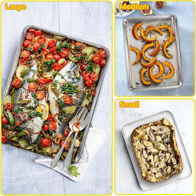 E-far Baking Cookie Sheet Pan Set of 3, 16/12.4/10.4 Inch, Stainless Steel Baking Pans Set for Oven, Rectangle Baking Tray for Cooking Roasting, Non Toxic & Easy Clean, Dishwasher Safe - Image 6