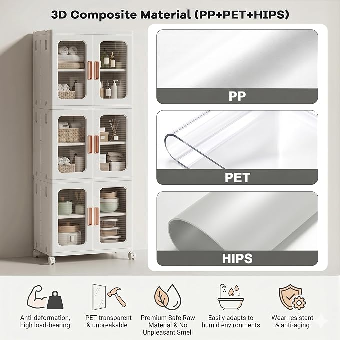 3-Tier Tall Narrow Plastic Storage Cabinet, Foldable | Rolling Organizer with Lid,Doors,Stackable, Adjustable Shelves, Durable PP,Freestanding Bathroom Cabinet for Small Slim Space - Image 8