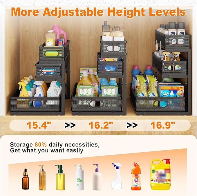 3 Tier Under Sink Organizer,Black Metal Pull Out Kitchen Cabinet Organizers, Slide Out Under Sink Storage Drawers, Undersink Organizer,Bathroom Counter Shelf, Pantry Organization and Storage （2 Pack） - Image 5