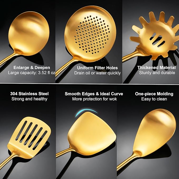 Gold Kitchen Utensils Set Stainless Steel 9 PCS with Wooden Handle | Food-grade 304, Sturdy, Wooden Handle, Anti scald, Work with large batches, Good weight, Well Balance, 13-14 Inch - Image 3