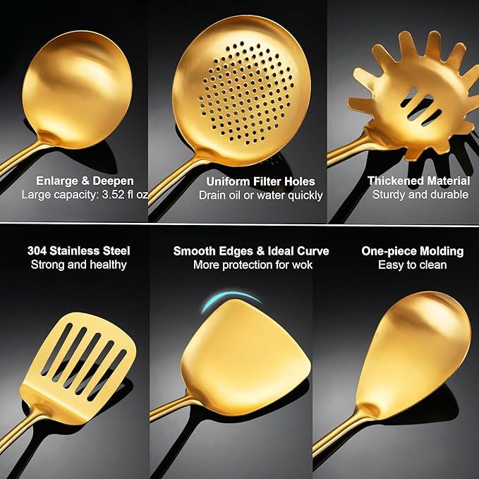 Gold Kitchen Utensils Stainless Steel with Wooden Handle 6 PCS | Food Grade 304,Anti-scald,12.5-14",Hanging Hole;Great Choice for Gifts - Image 3