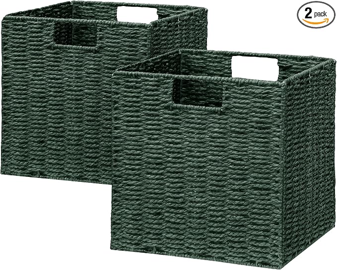 Wicker Storage Basket, Set of 2 Hand-Woven Paper Rope Wicker Basket, Foldable Cube Storage Bins, Square Large Storage Baskets for Organizing Shelves & Decor, Orange (13″×13″×13″) by Vagusicc