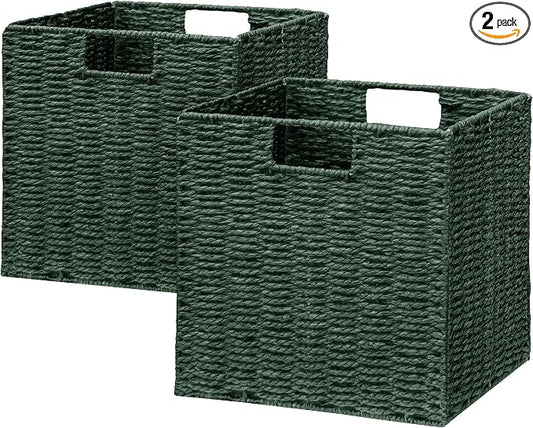 Wicker Storage Basket, Set of 2 Hand-Woven Paper Rope Wicker Basket, Foldable Cube Storage Bins, Square Large Storage Baskets for Organizing Shelves & Decor, Orange (13″×13″×13″) by Vagusicc