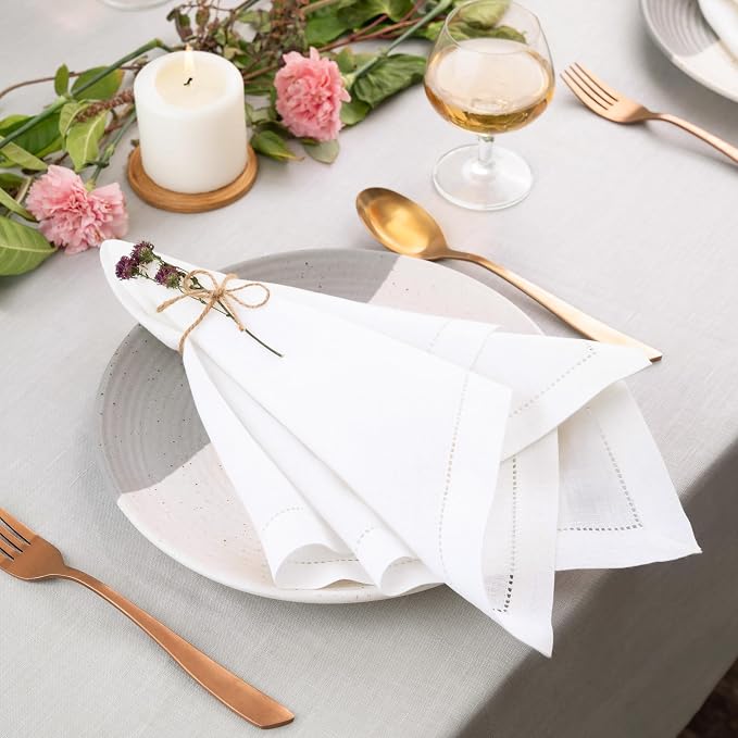 Signature Linen™ by D'Moksha White Dinner Napkins Set of 8, 20 x 20 Inch Cloth Napkins, 100% Pure Linen, Hemstitch, Machine Washable Table Napkins- Summer, Weddings, Outdoor hostings - Image 3