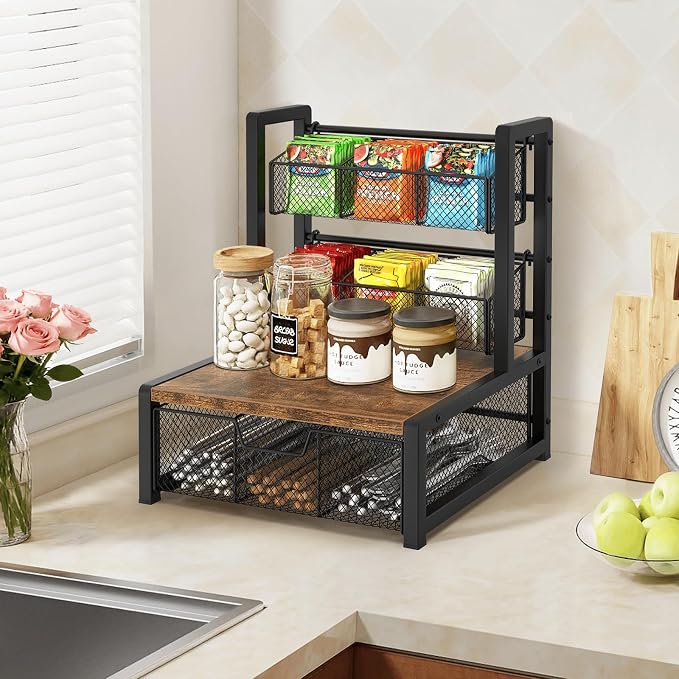 Tea Bag Organizer, 3 Tier Tea Storage Container Box, Rustic Brown | Wood Tea Station Caddy, Teabag Holder Stand with Drawer Basket, Large Tea Chest Display Rack for Countertop Cabinet Office - Image 8