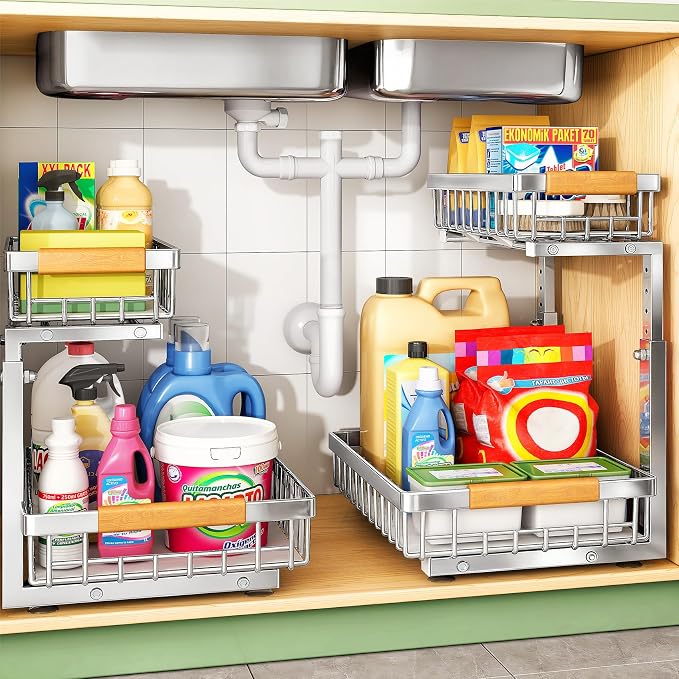 Kitstorack Under Sink Organizer, 2 Tier Under the Sink Storage, Slide out Pull out Cabinet Organizer Shelf, Metal Sliding Drawer for Kitchen Bathroom Pantry Closet Organization Rack, Silver, 2 Pack by Kitstorack