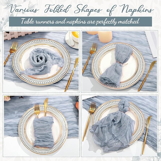 Pcs Cheesecloth Napkins and Table Runners Set, 10 ft Cheese Cloth Table Runners Boho Wedding Decor Rustic Wrinkled Gauze Napkins for Wedding Birthday Party Baby Shower(Gray Blue,26) - Image 4