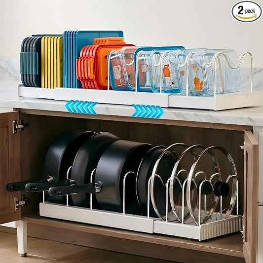 Pot and Pan Organizer 2 Pack,Expandable Lid Organizer Inside Cabinet | Easy to Install, Each Rack Contains 10 Frames, Easy to Clean, 304 Stainless Steel, High-Strength PP Plastic, White by Unknown