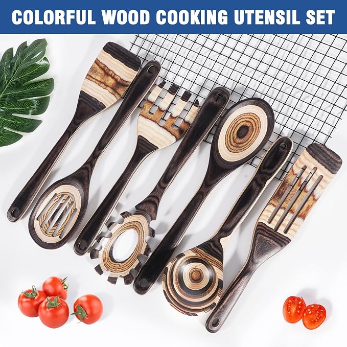 MYRAINBOW Wooden Spoons for Cooking, 7 Piece Pakkawood Kitchen Utensils Set with Spatulas, Spoons, Ladles, and Turner for Mixing, Serving & Cooking - Image 6
