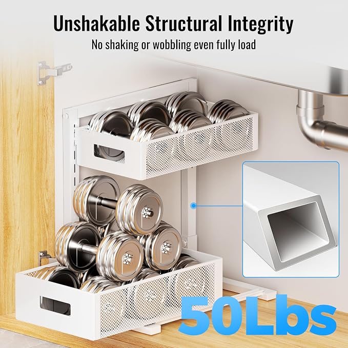 TISTAYA Full Metal Under Sink Organizer, Pull Out Cabinet Organizers and Storage, Silk-Smooth Sliding Drawer for Kitchen, Bathroom, Pantry, Cabinet, Closet (White, 2 Pack) - Image 5