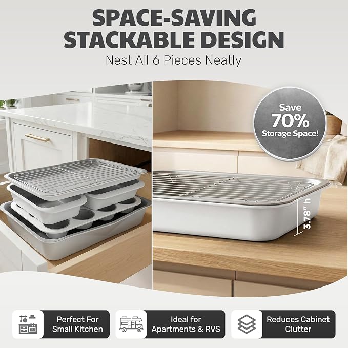 Gotham Steel 6 Pc Stackable Baking Pans Set, 70% Space Saving Design, Ceramic Bakeware Sets Non Toxic Made Without PFOA PFOS, with Baking Sheet Tray, Cake & Muffin Pans, Oven & Dishwasher Safe - Image 5