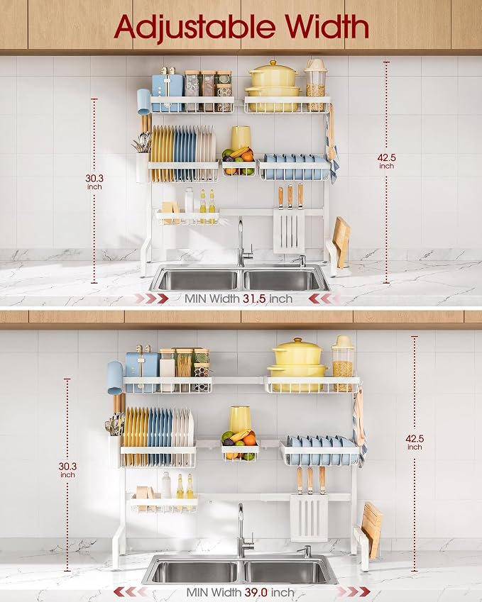 Sakugi Dish Drying Rack Over The Sink, Dish Drainer for Kitchen Counter | Stainless Steel Storage Organizer with Utensil Knife Holder & Hooks, Adjustable 11.8"Dx31.5"~39"Wx30"H, White - Image 3