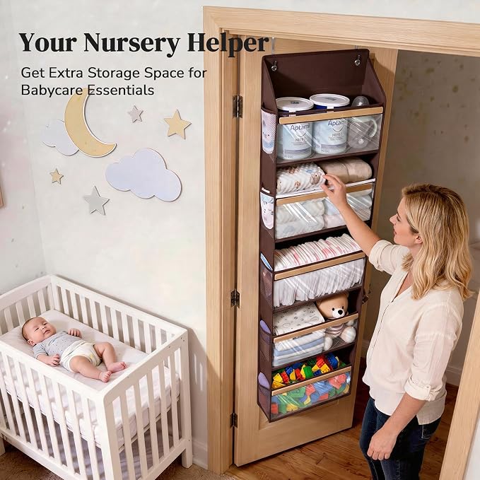 5 Tiers Natural Bamboo Over Door Organizer with 10 Mesh Side Pockets, 50 lbs Weight Capacity Hanging Storage Organizer with Clear Window Kids Toys, Shoes, Diapers, Dark Brown - Image 6