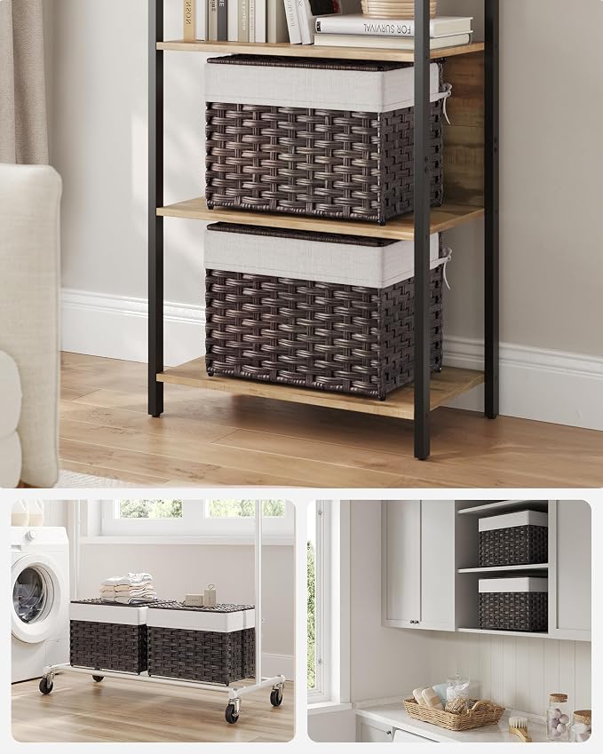 SONGMICS Storage Basket with Lid, Woven Blanket Storage Bin with Handles, Foldable, Removable Liner, Metal Frame, for Bedroom, Laundry Room, 9.2 Gallons (35 L), Brown URST040K01 - Image 3