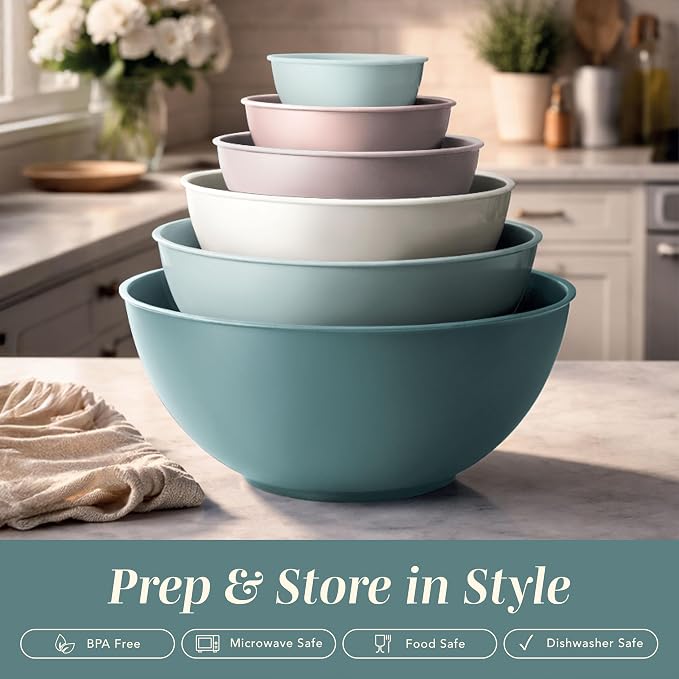 COOK WITH COLOR Mixing Bowls with TPR Lids - 12 Piece Plastic Nesting Bowls Set includes 6 Prep Bowls and 6 Lids, Microwave Safe (Teal) - Image 3
