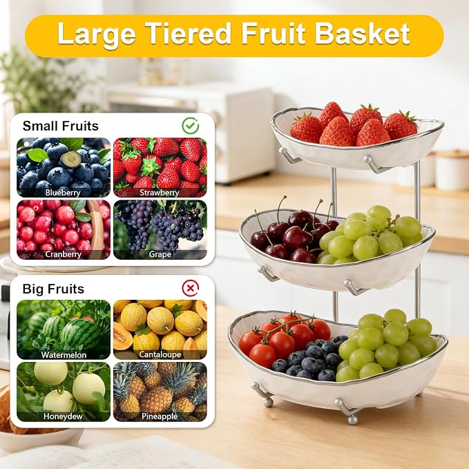 Fruit Bowl, 3-Tier Ceramic Fruit Bowl With Gold Metal Stand, Space Saving | Large Capacity, Decorative Design, Suitable For Kitchen, Dining Table, Party Display - Image 4