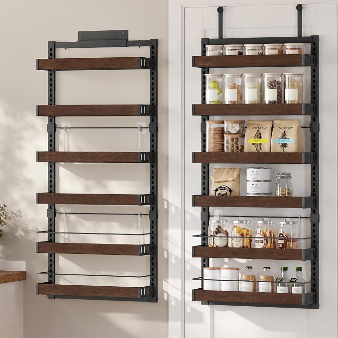 SONGMICS 6-Tier Over the Door Pantry Organizer, Adjustable Spice Rack with Anti-Tipping Wire, Wall Mounted Storage, 16.9 x 6.2 x 55.3 inch, Ink Black and Natural Walnut, UKCS048B101 by Unknown