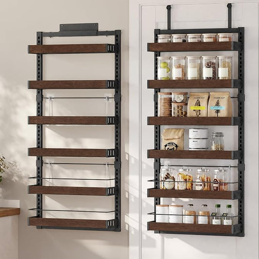 SONGMICS 6-Tier Over the Door Pantry Organizer, Adjustable Spice Rack with Anti-Tipping Wire, Wall Mounted Storage, 16.9 x 6.2 x 55.3 inch, Ink Black and Natural Walnut, UKCS048B101 by Unknown