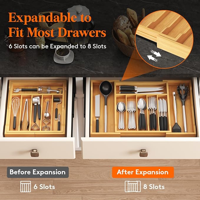 Lifewit Silverware Drawer Organizer, Expandable Utensil Tray for Kitchen, Flatware and Cutlery Holder, Wood Adjustable Storage for Spoons Forks Knives, 13-22x15/ 33-56x38cm, Natural | Expandable Flatware and Cutlery Holder, Adjustable Storage for Spoon... - Image 7
