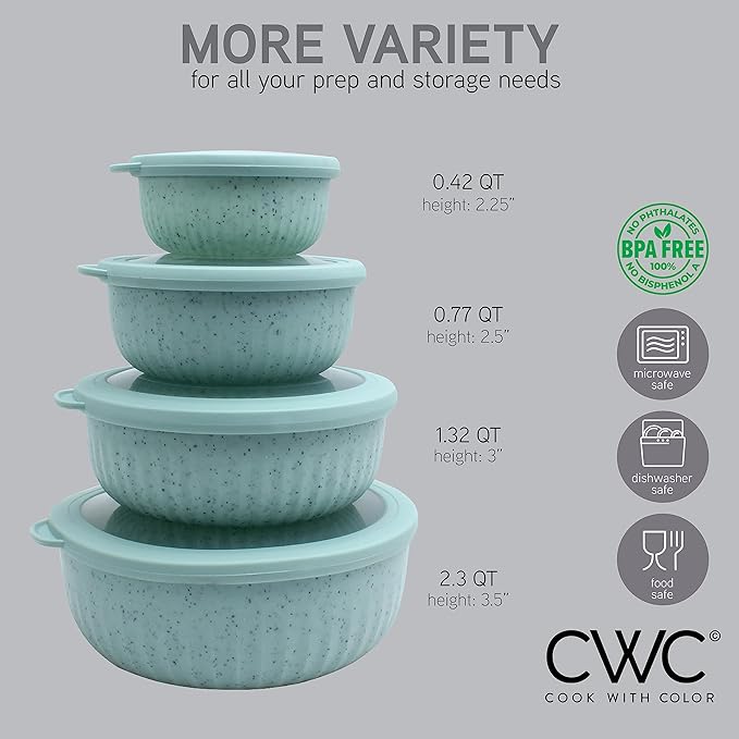 COOK WITH COLOR Prep Bowls with Lids- Wide and Deep Nesting Plastic Small Mixing Bowl Set with Lids, 8 Piece Set - Wide Bowls, Speckled Mint - Image 3