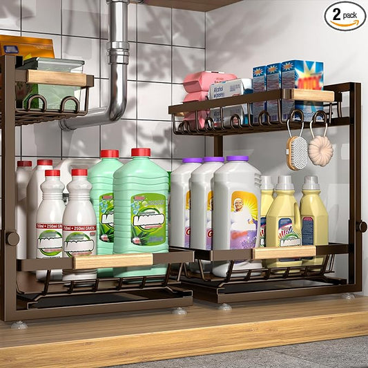 2-Pack 2-Tier Height Adjustable Under Sink Organizer & Storage | Multi-purpose storage for kitchen & bathroom cabinet. Extra Large brown shelf, height adjustable design for space-saving. by Sevenblue