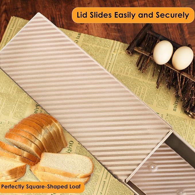 2-pack 2.2lb Aluminized Steel Gold Pullman Loaf Pan with Lid, Premium Non-Stick Coating Bread Pan, PFTE and PFOA-Free, Safe and Healthy Baking for Homemade Bread with Family-sized Recipes - Image 4