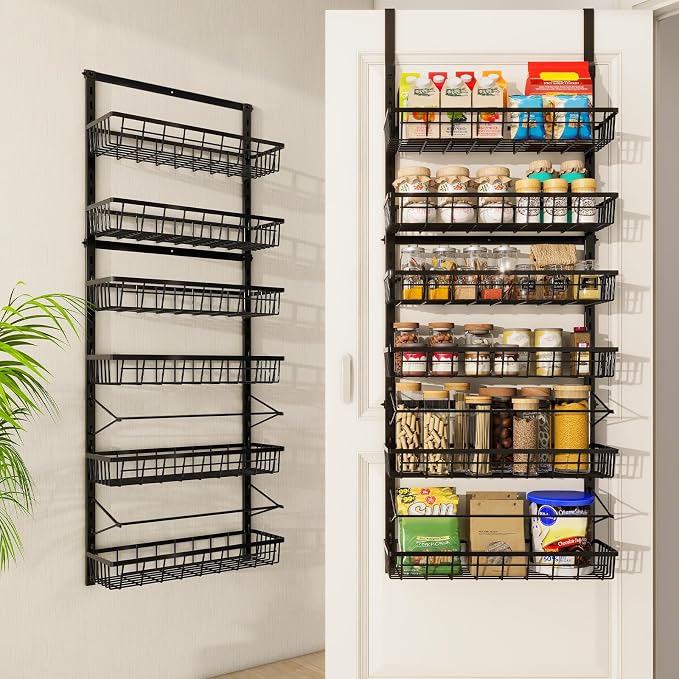 Mefirt Over The Door Pantry Organizer, Pantry Storage and Organization | 6-Tier Adjustable Hanging Baskets, Metal Wall Mount Spice Rack Seasoning Shelves for Home & Kitchen, Laundry Bathroom - Black by Mefirt