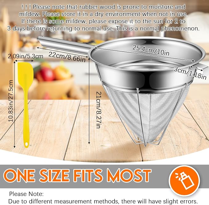 SiliFine 10" Chinois Fine Mesh Strainer Set with Handle and Rubber Pestle | Stainless Steel Reinforced Bouillon Sieve Strainer China Cap Cone Sieve for Sauces, Soups, Broth, Stock, Kitchen Food Cooking - Image 2