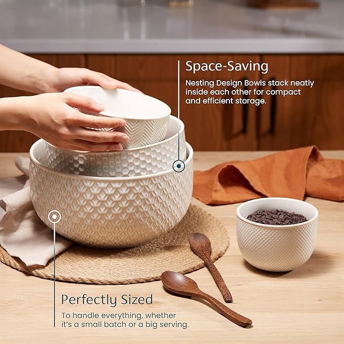 KooK Ceramic Mixing Bowls, Nesting Set of 4, Embossed Kitchen Dishware, Prep, Serving, Gift, Microwave and Dishwasher Safe, 20/44/98/145 oz, Narbonne Collection (Ivory) - Image 4
