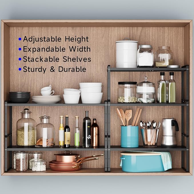 Expandable Cabinet Shelf Organizer, Stackable Kitchen Pantry Counter Storage, Adjustable Cupboard Stand Rack Risers Spice Organization Heavy Duty Black Small 3 Pack - Image 5