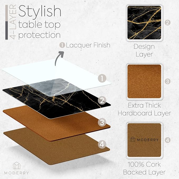 Set of 4 Heat Resistant Cork Placemats for Dining Table with Free Set of 4 Matching Drink Coasters Marble Design 16 x 12 Inches Cork Backed Hard Placemats (Black & Gold) - Image 3