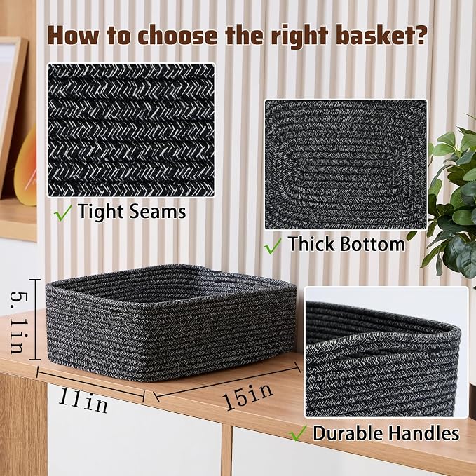MiniArk Large Shallow Organizing Baskets 15x11x5.1 Inches - Rope Woven Storage Bins for Bathroom, Shelves, Cube Closet, Mixed Black 2 Packs - Image 2