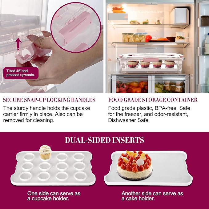 ARC 3-tiers Cupcake Carrier (Pink) - Cupcake Holder and Cake Transport Container that Holds up to 36 Cupcakes or 3 Large Cakes - BPA-Free, Great for Parties & Festivals - Image 4