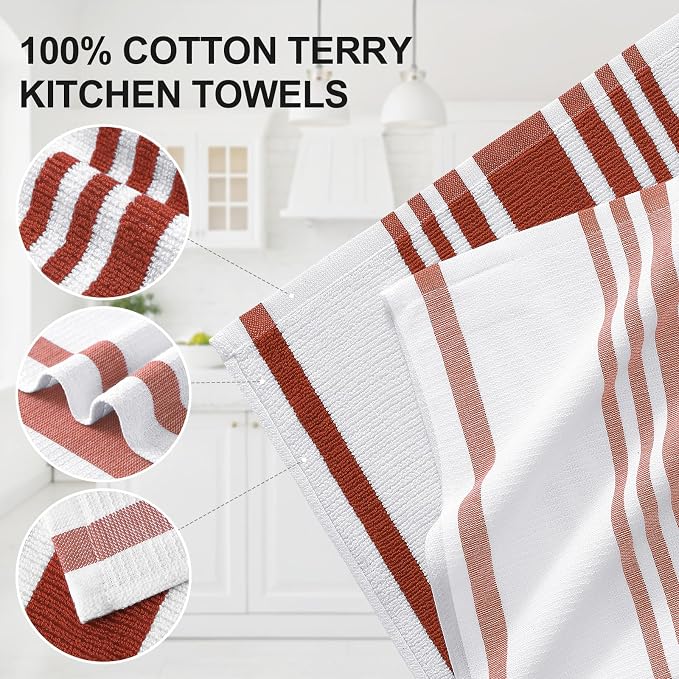 Homaxy Premium Cotton Stripe Kitchen Towels 6 Pack, 18"x 28", Rust | Large 380 GSM Kitchen Hand Towels, Soft Terry Dish Towels, Highly Absorbent Tea Towel Set with Hanging Loop - Image 2