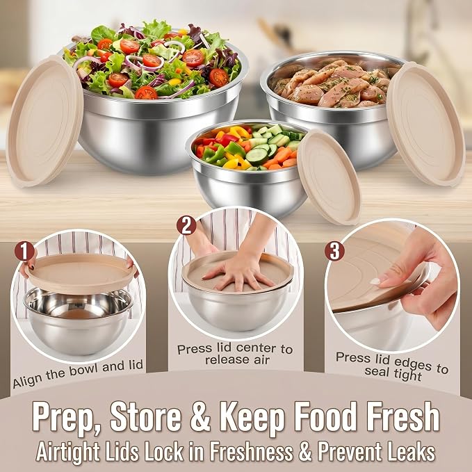 21PCS Mixing Bowls with Lids Set, 7 Mixing Bowls & 14 Measuring Spoons, Stainless Steel Nesting Bowls for Baking & Cooking Prepping Space Saving Storage, Kitchen Essentials, 0.6-5.5QT - Image 6