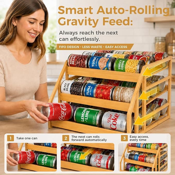 MinBoo 3-Tier Bamboo Can Organizer for Pantry - Holds 36 Cans (9/12/15) - Stackable Canned Food Dispenser with Adjustable Dividers - Gravity-Fed Rolling Storage Rack for Kitchen Cabinets - Image 4