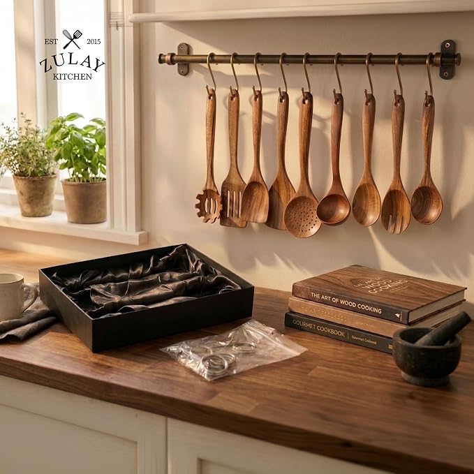 Zulay Kitchen 9-Piece Teak Wooden Utensils for Cooking - Natural Teak Utensil Set with Premium Gift Box - Non-Stick Wooden Spoons for Cooking - Kitchen Gift Set - Comfortable Grip Wooden Utensil Set - Image 8