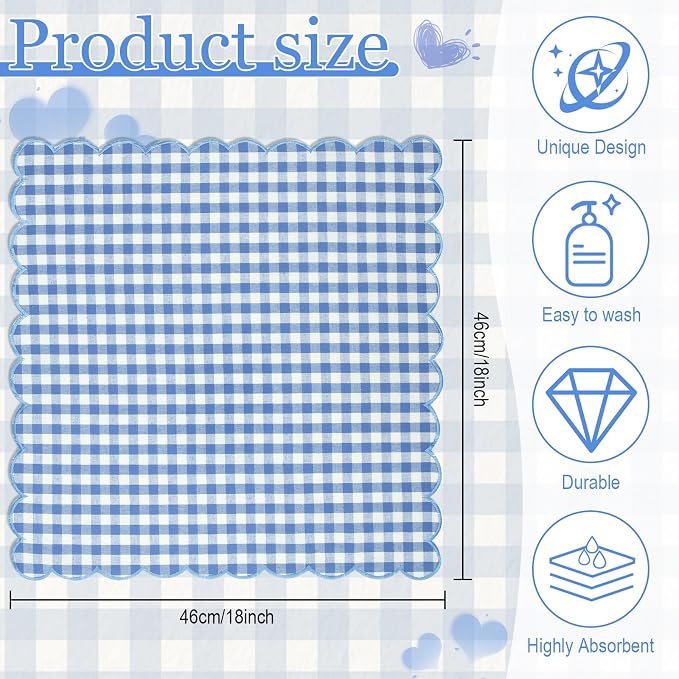 SmoothNovelty 12 Pack Buffalo Plaid Cloth Napkins 18x18 Inch Checkered Cloth Napkins Scalloped Soft Cotton Table Mat Washable Reusable for Dinner Wedding Holiday Birthday Parties (Classic,Sky Blue) - Image 2