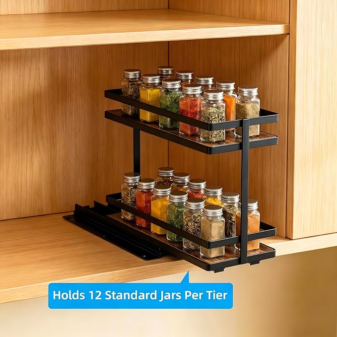 Pull Out Spice Rack 2-Tier Metal & Wood Seasoning Organizer | No-Drill Install | Full-Extension Silent Glide | Each Tier Holds 10–12 Standard Spice Bottles | Rustproof, Wipe-Clean Surface - Image 8