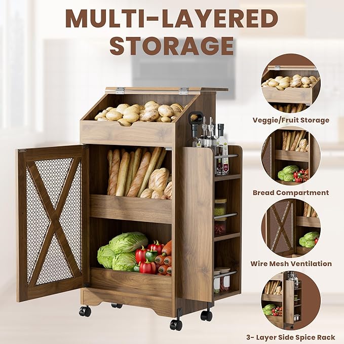 AwayHome Potato Storage Bin, Large Wood Bread Box with Lid, Movable Potato and Onion Storage Bin with Side Spice Rack, Decorative Fruit and Vegetable Organizer Cabinet for Kitchen - Image 3