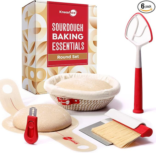 KneadAce Essential Sourdough Starter Kit - Artisan Bread Baking Tools | Bake with this Sourdough Kit: Round banneton proofing baskets, dough whisk, bread lame, scraper & brush set, bread sling by KneadAce-DesignedbyBakers