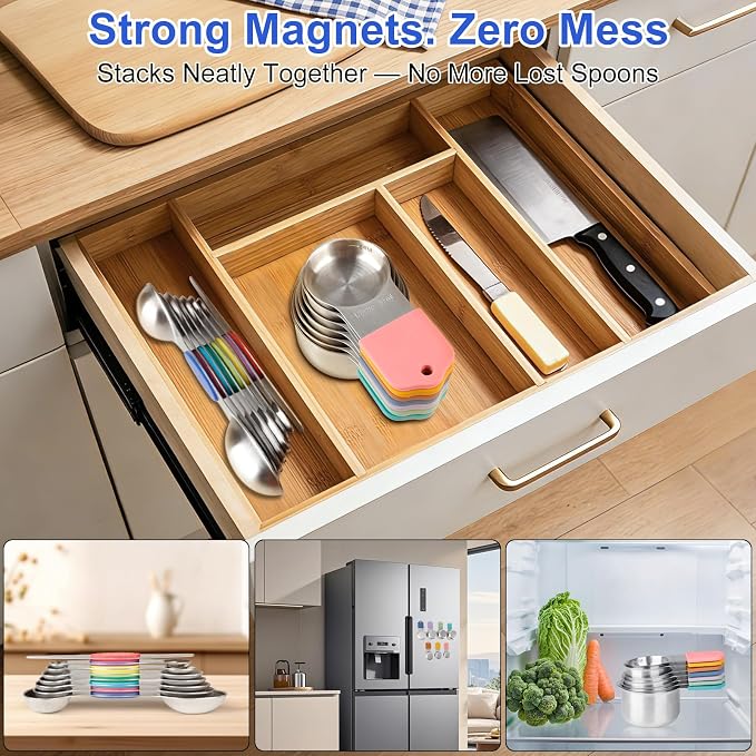 Magnetic Measuring Cups and Spoons Set, Strong N52 Magnets, Heavy Duty 304 Stainless Steel Fits in Spice Jars for Baking & Cooking, BPA Free, Round Set of 15 with Leveler Blackr, Light Colorful - Image 4