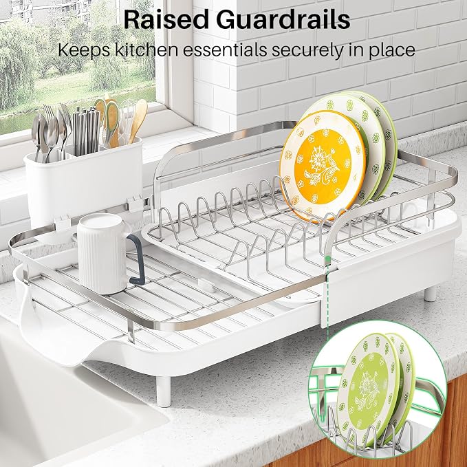 SAYZH Expandable Dish Drying Rack for Small Kitchen Counter, White | Stainless Steel, Protective Guardrail, Angled Drainboard, Fits High-Rim Sinks, Removable Utensil Holder - Image 6