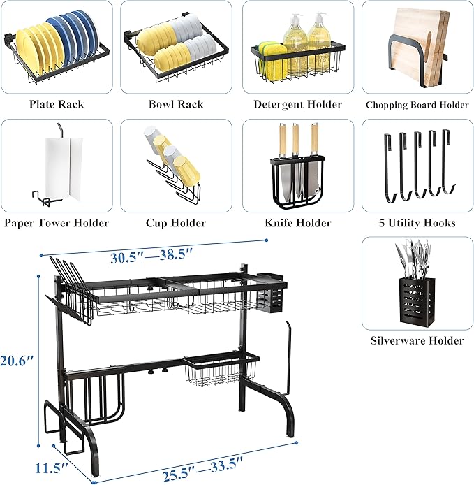 Over The Sink Dish Drying Rack, Adjustable 25.5-33.5 in, 2-Tier, Black | All-in-One Large Capacity, Snap-On Design for Flexible Use, Strong Metal Frame, Non-Slip Feet, Fits Sinks Up to 33" W - Image 6
