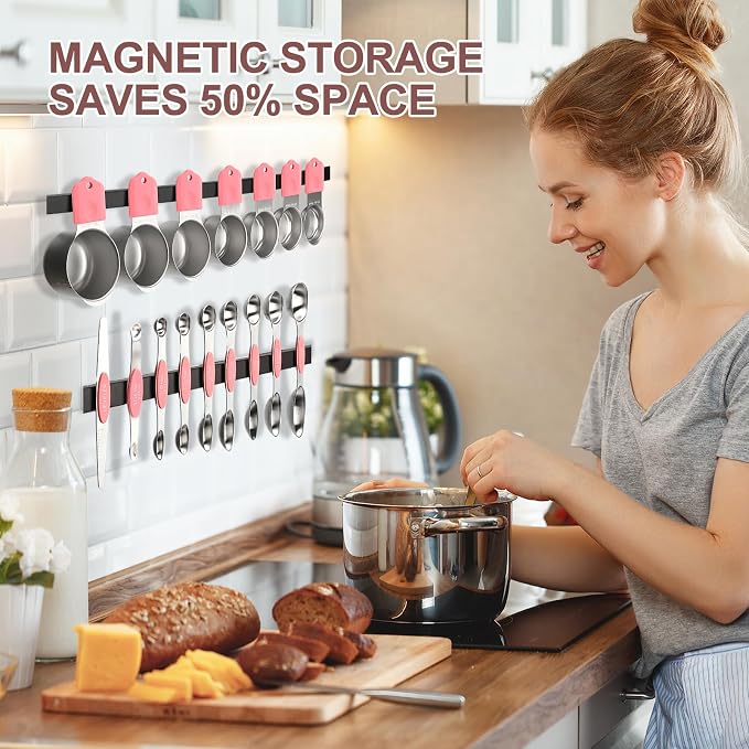 16-Piece Magnetic Measuring Cups and Spoons Set, Stainless Steel, Pink | 7 Silicone-Grip Cups, 8 Metal Spoons, 1 Leveler, US and Metric Marks for Dry & Liquid Ingredients, Kitchen Essentials Gadgets - Image 3