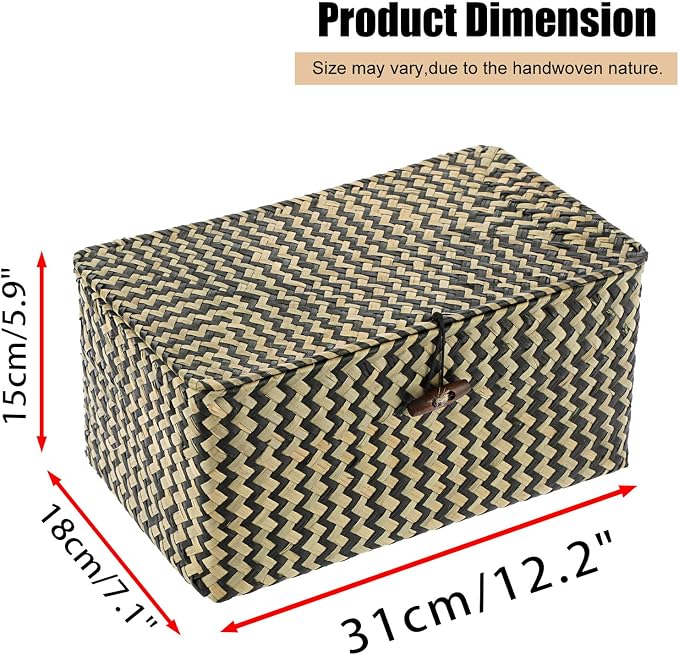 Hipiwe Wicker Shelf Baskets with Lid Seagrass Storage Baskets Handwoven Household Organizer Rectangular Woven Organizer Box for Storage Shelf Wardrobe,Medium - Image 3