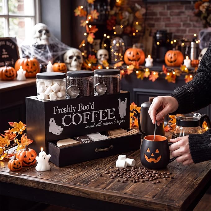 3 Pcs Halloween Coffee Bar Containers Set Include Coffee Sugar Container with Lid and Spoon and Double Layer Storage Box with Drawer for Bar Kitchen Countertop(Black) - Image 3