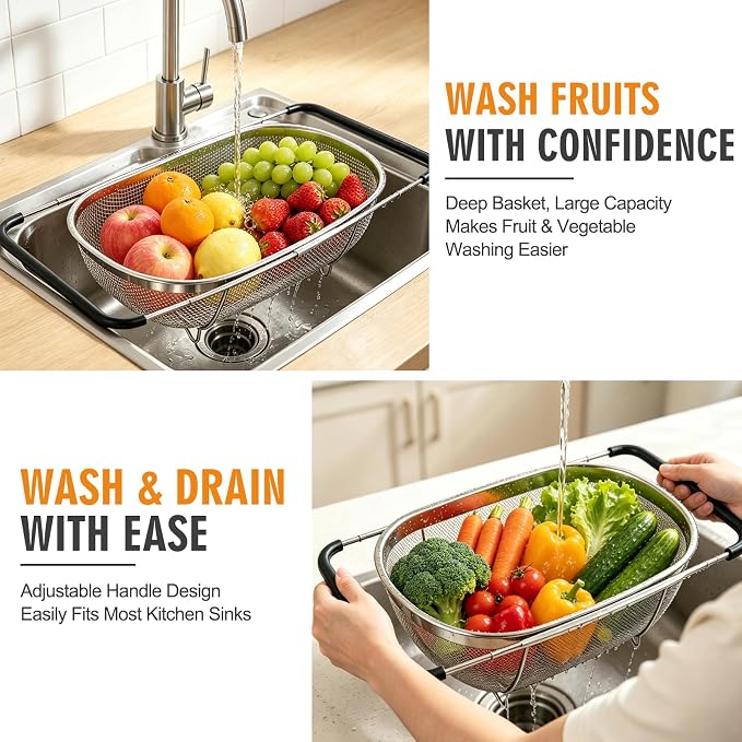 Palksky Over the Sink Colander, Stainless Steel Fine Mesh, 6 Quart 2 Pack | Expandable handles fit most sinks; fine mesh drains pasta, rice & produce - Image 4